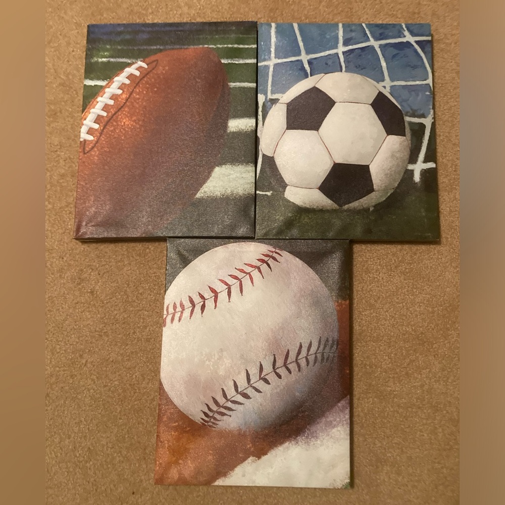 Boys’ room sports Canvas - soccer, baseball, and football 11” x 14” each